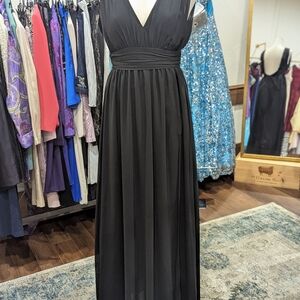 Black Pleated Maxi Gown with V-Neck